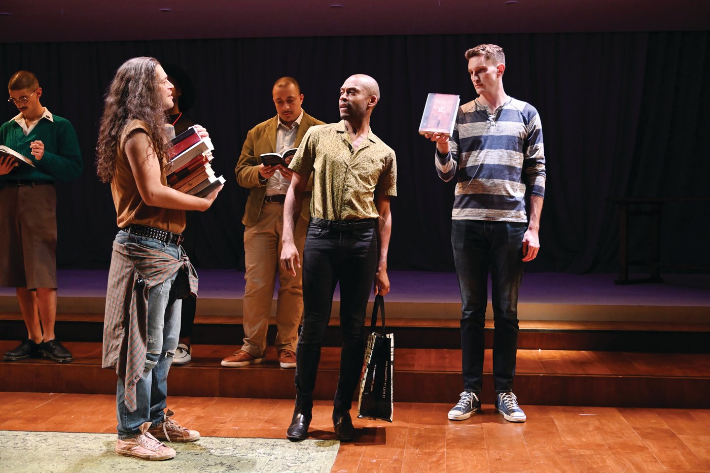 From left: David Mattar Merten as Young Man 7, Chingwe Padraig Sullivan as Leo, Adrian Peguero as Young Man 8, Taavon Gamble as Toby Darling and Ross Barron as Young Man 5 in The Inheritance, Part Two.